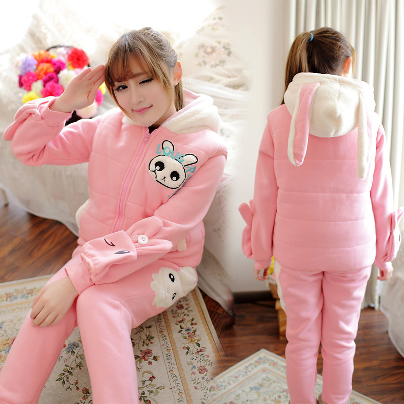 韩范新款秋冬加厚加绒卫衣套装三件套女可爱粉色初中学生运动连帽