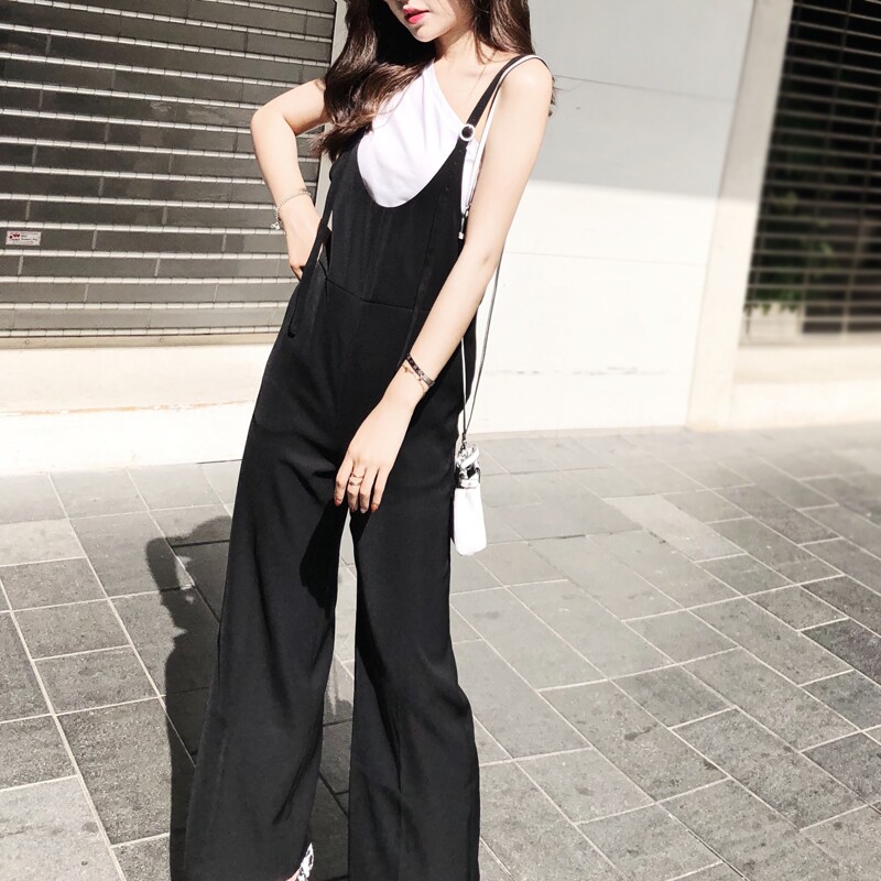 减龄连体裤女温柔系炸街奶乖套装黑连衣裤高腰显瘦坠感背带阔腿裤