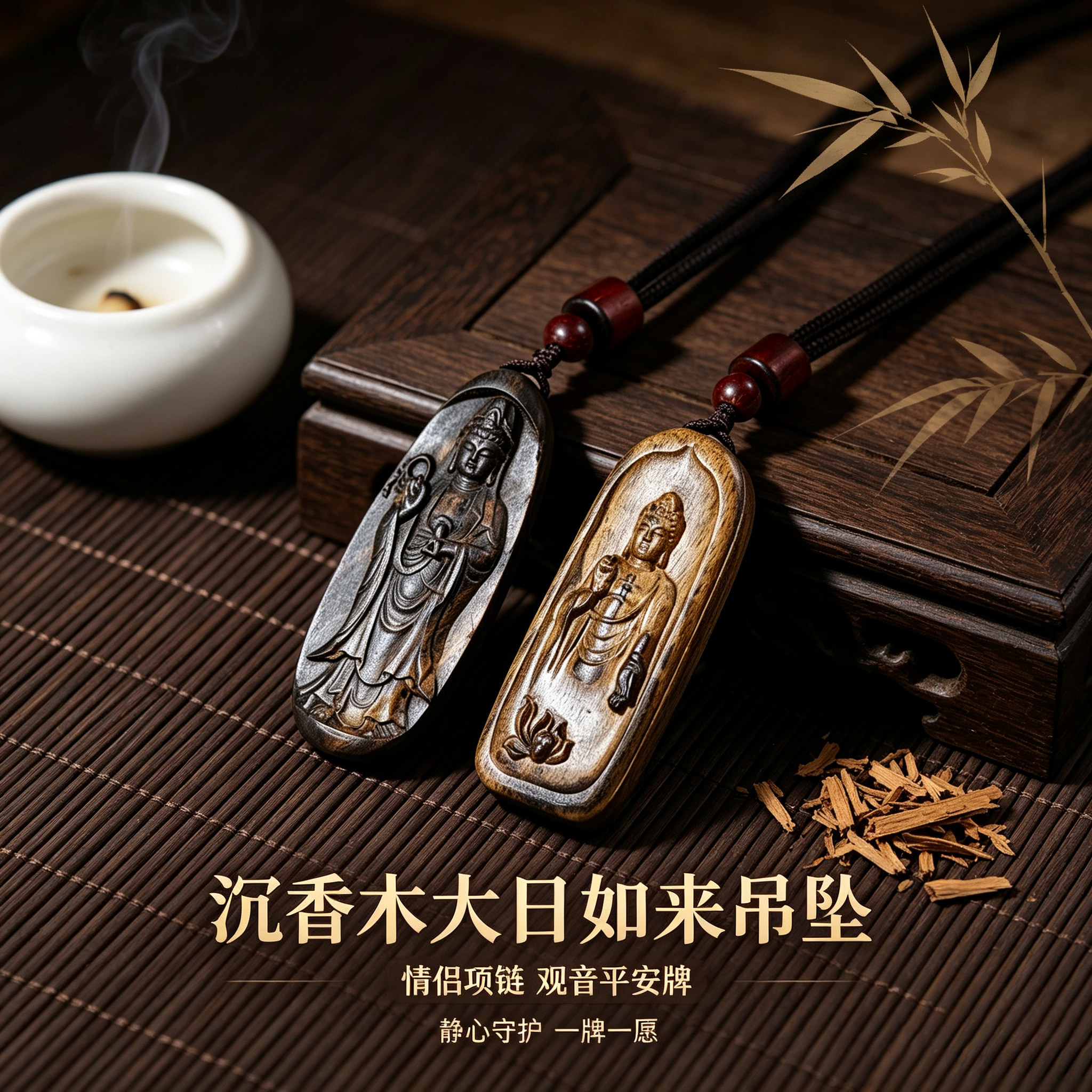 沉香木大日如来吊坠情侣项链观音平安牌文玩车挂件饰品木雕佛牌