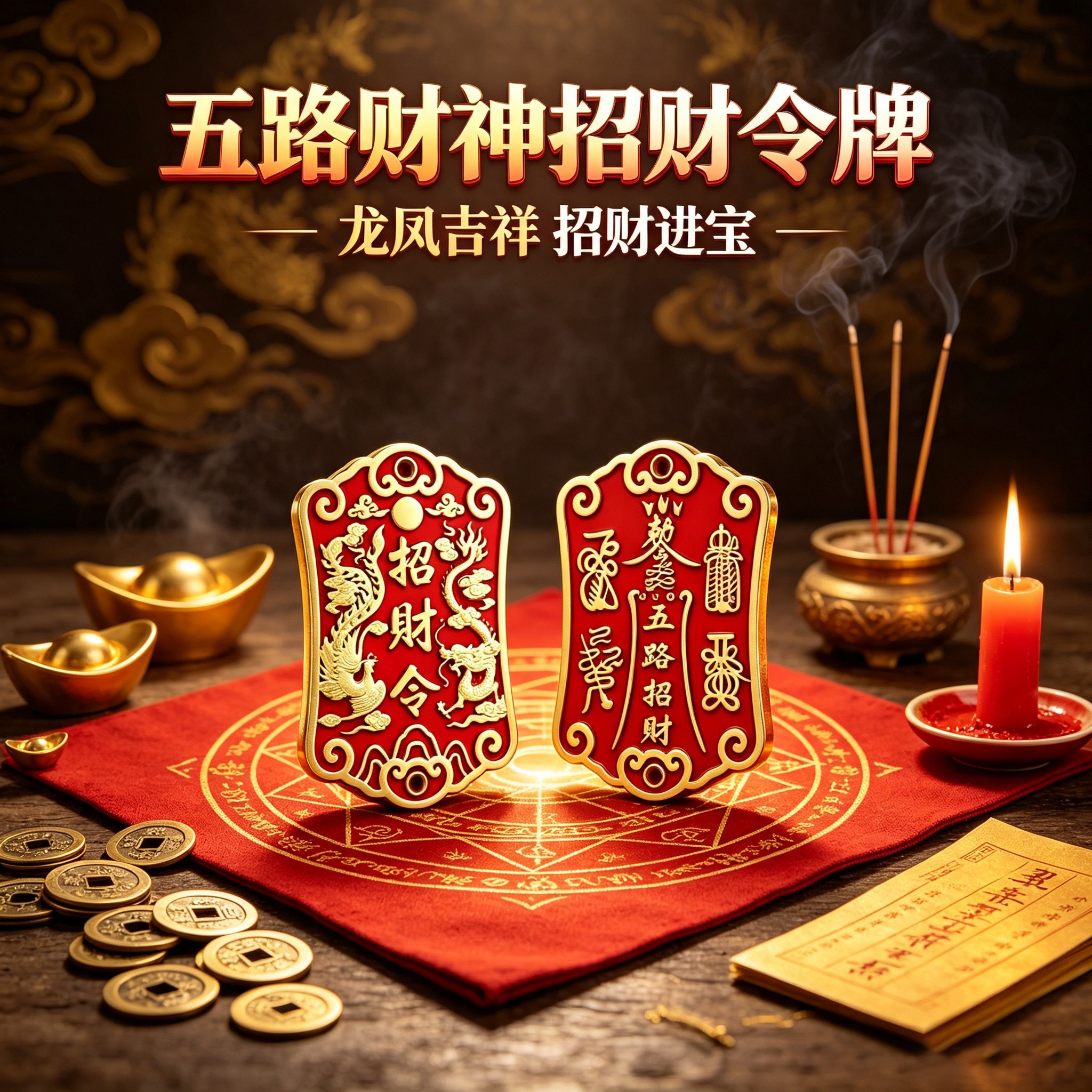 招聚旺财令五路财神令牌流苏吊饰龙凤吉祥挂牌国风吊坠电汽车挂件