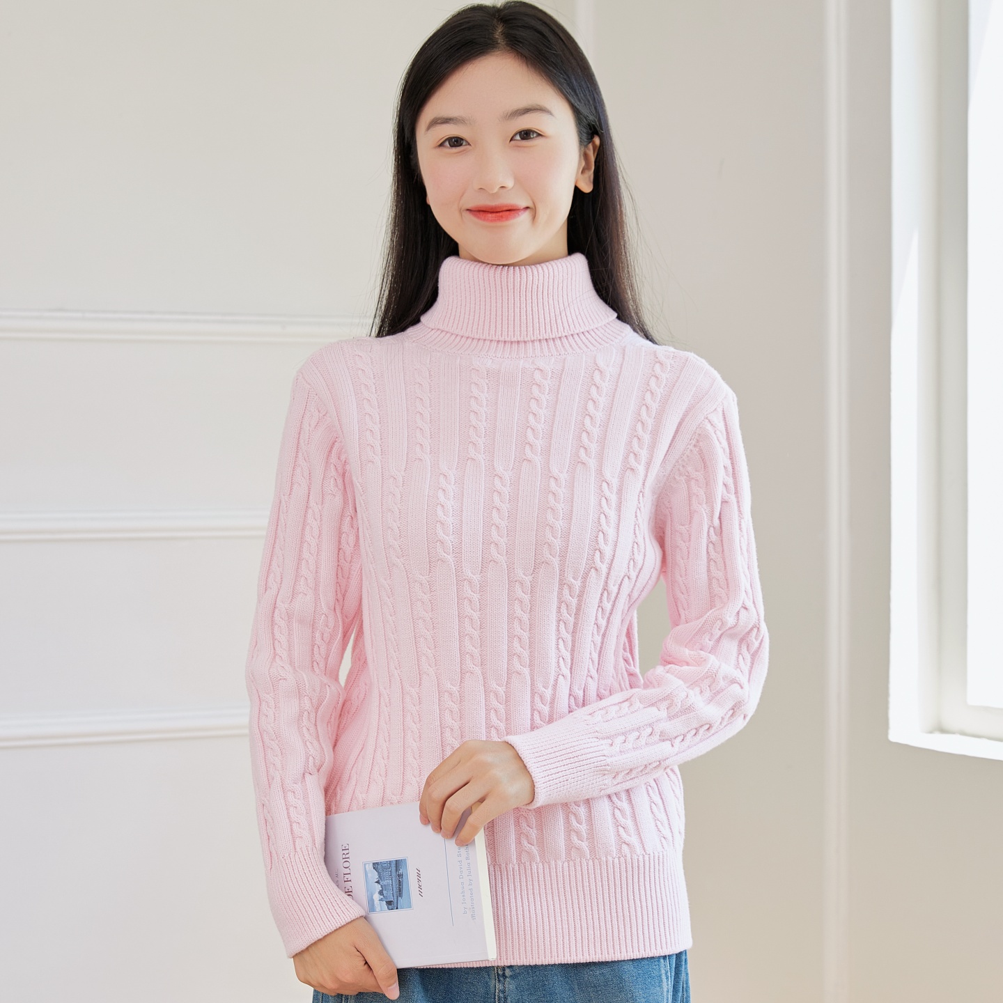 东润莲品牌原创加厚纯棉毛衣女高领套头保暖打底衫麻花针织棉线衣