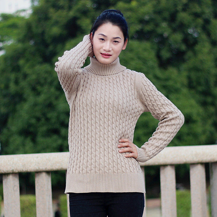 东润莲 加厚纯棉针织衫秋冬女高领长袖打底衫 复古麻花毛衣棉线衣