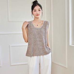 东润莲 纯棉毛衣马甲 花色全棉线针织背心春秋女圆领套头宽松微A版