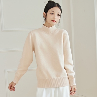东润莲品牌纯棉毛衣女半高领套头通勤简约外穿内搭加厚全棉针织衫