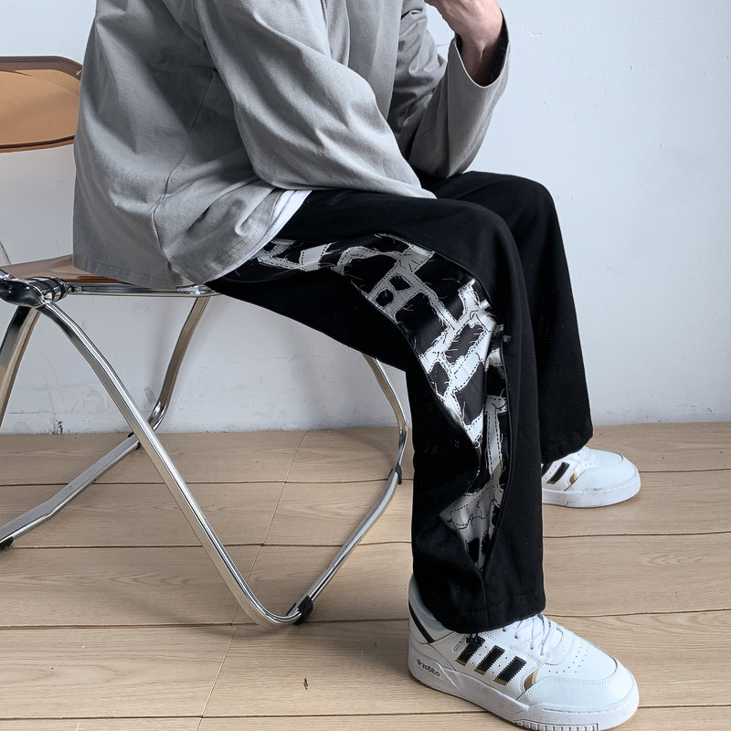 204-K23-P45拼接拉链直筒长裤复古宽松情侣休闲抽绳运动裤,男装休闲裤,星座204