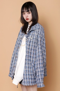 204-JK70-P75中性蓝墙小香风格子宽松夹克长袖外套女翻领春秋新品图片