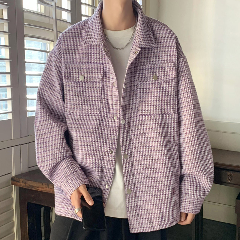 204-JK71-P75紫色新款小香风 编织外套夹克男宽松休闲情侣衬衫潮图片