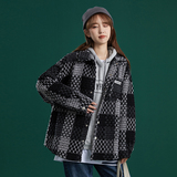 204-JK50-P65中性蓝墙外套女春秋复古格纹夹克宽松翻领长袖上，女装短外套，星座204