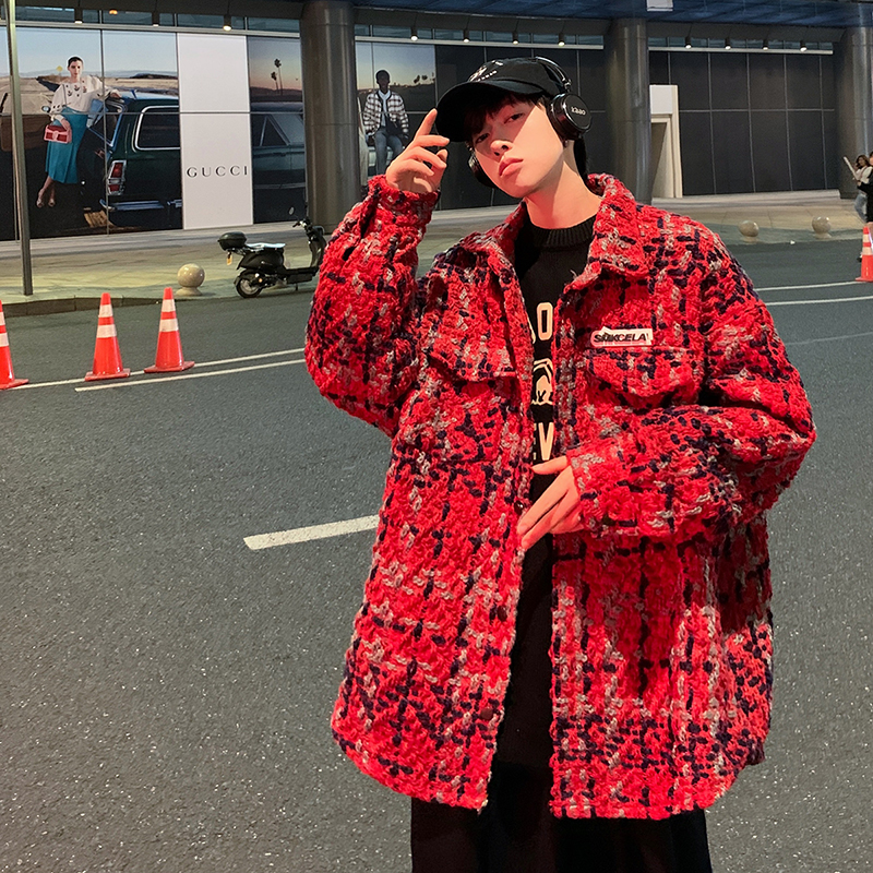 204-JK49-P75港风休闲韩版潮红色男粗格纹小香风衬衫宽松薄款外套，男装夹克，星座204
