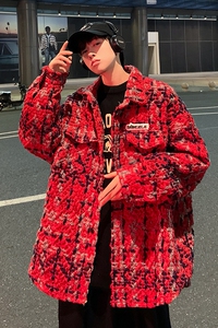 小香风千鸟格2024龙年限定外套男hiphop美式高级感红色情侣夹克春图片