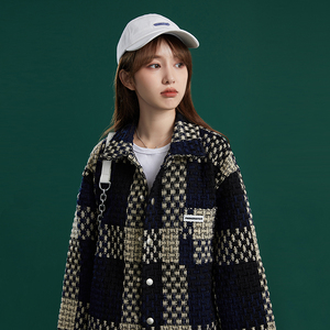 204-JK50-P65外套女春秋新款复古格纹夹克宽松翻领长袖上衣控98图片
