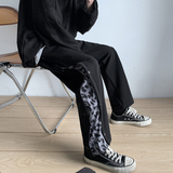 204-K24-P45纽扣豹纹拼接长裤高街复古宽松直筒休闲排扣裤，男装休闲裤，星座204