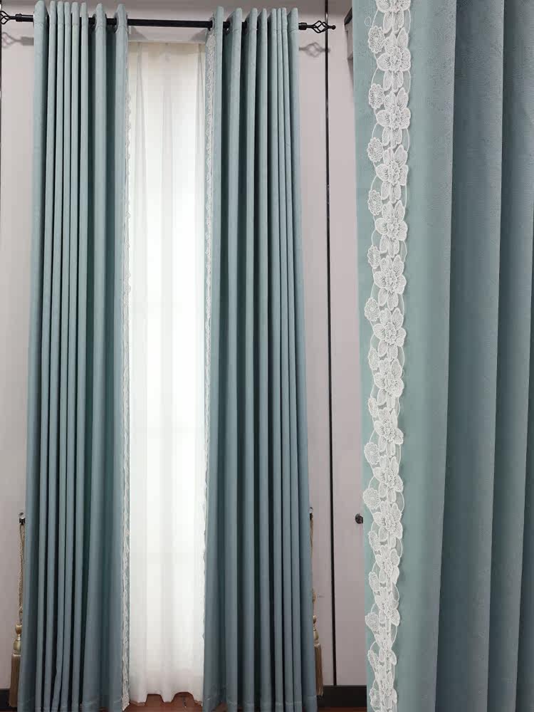 美丝梦莎卧室女孩房加厚高精密提花纯色遮阳窗帘窗纱成品蓝色轻奢