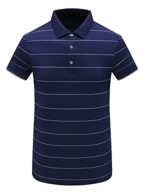 SF414圣断码清仓夏季中年男士棉加蚕丝简约深蓝横条纹翻领短袖T恤