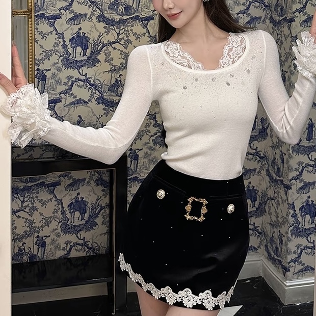 三层蕾丝袖设计感针织衫2025秋冬新款重工烫钻羊毛仙气甜美打底衫