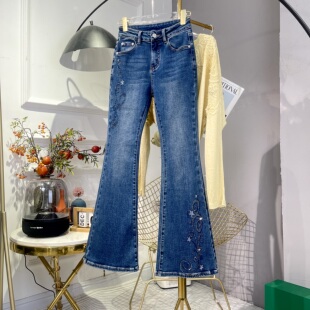 欧货正品2025秋季新款重工烫钻刺绣高腰显瘦微喇牛仔裤女喇叭裤子