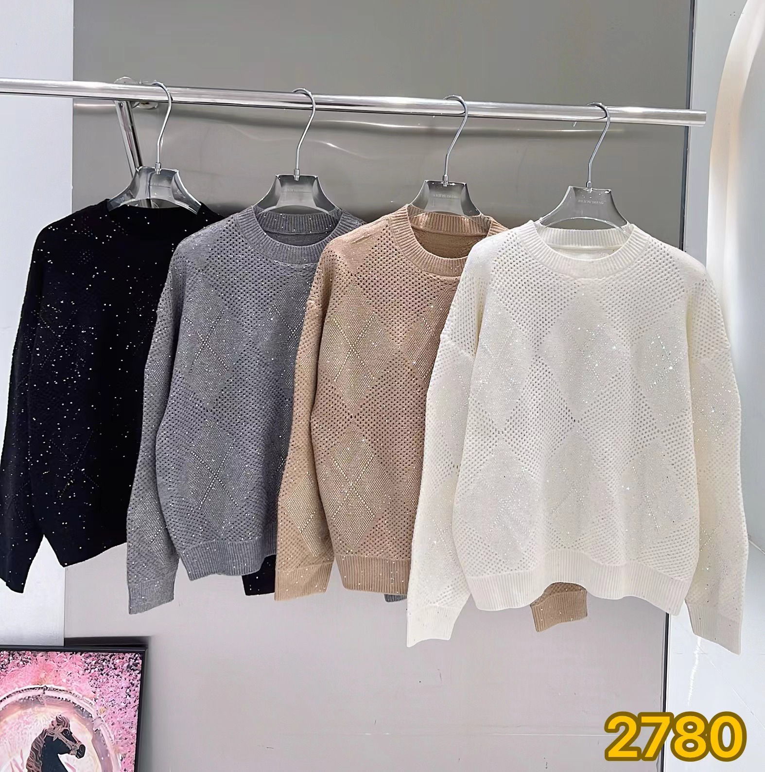 金丝御裳纯色亮色烫钻高级感珠片菱格镂空针织衫宽松显瘦慵懒毛衣