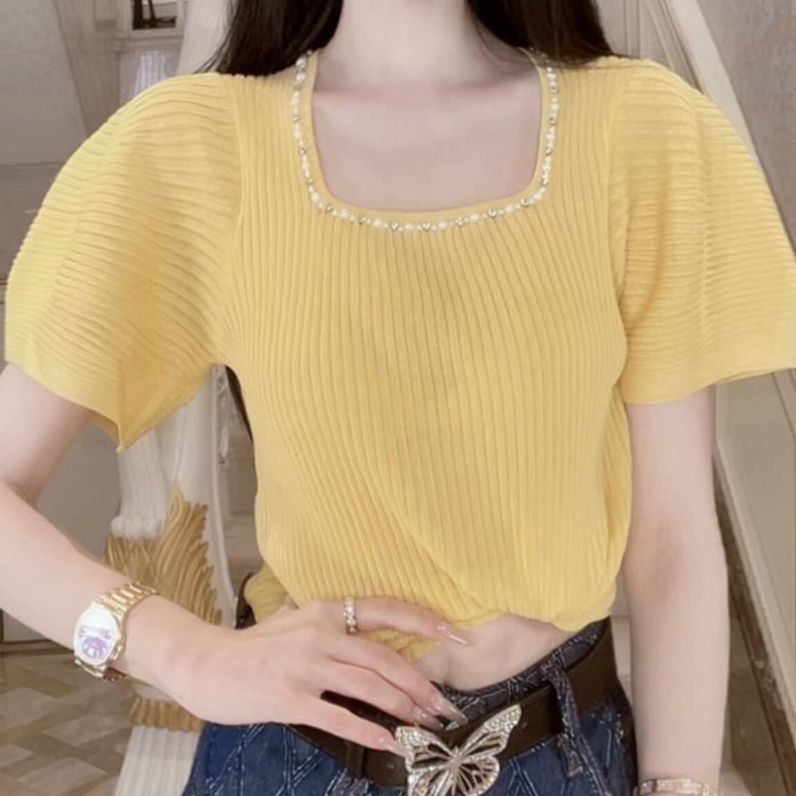 2026夏新款时尚百搭方领钉珠短袖冰丝修身显瘦灯笼袖针织衫上衣