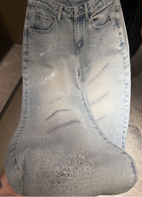 浅蓝色亮钻牛仔裤2025早春新款超闪网红正品窄版直筒拖地牛仔裤女