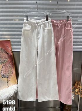 金丝御裳2025秋冬加绒重工烫钻高腰白色直筒裤长裤女钉珠牛仔裤潮