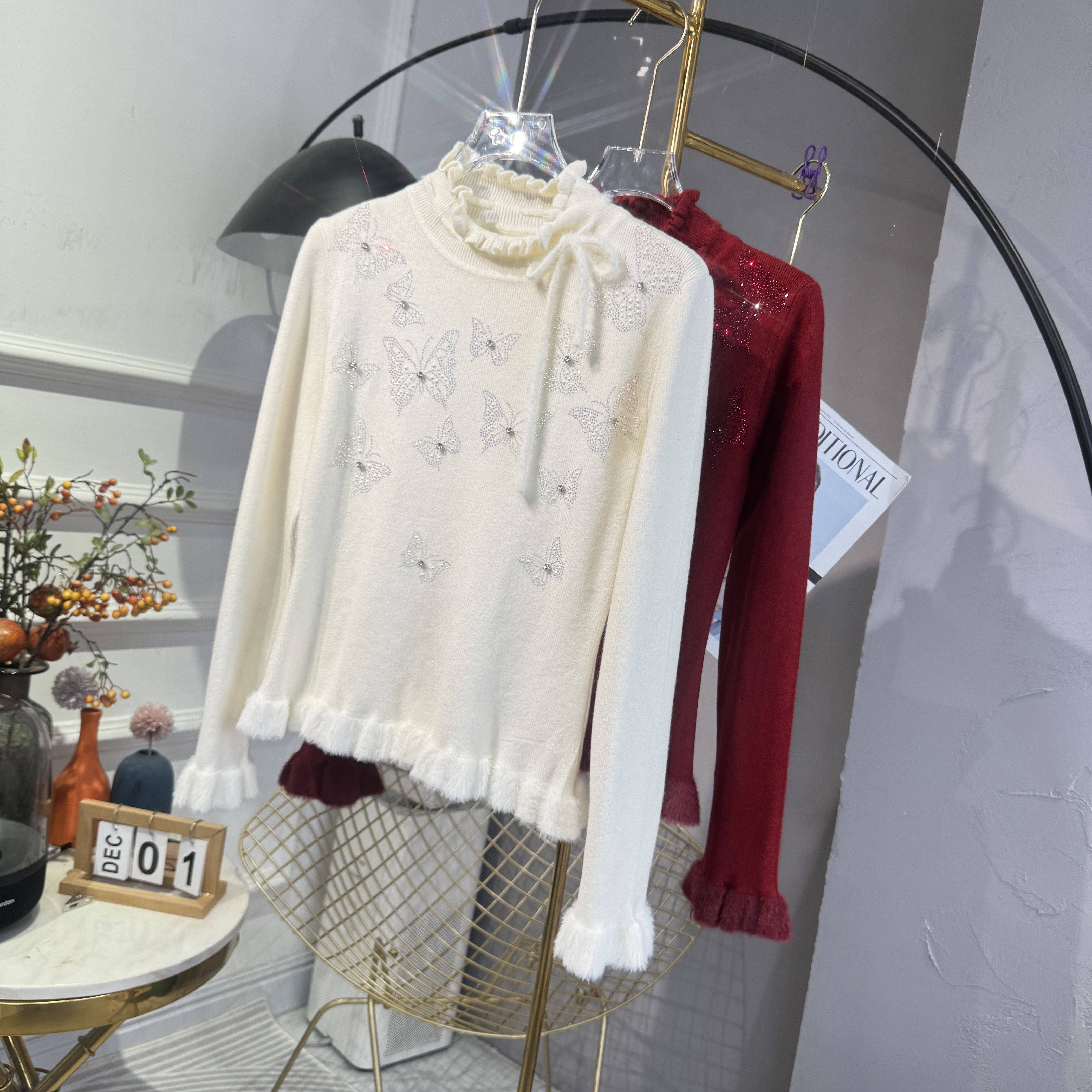 秋冬新款重工烫钻蝴蝶木耳边修身气质针织衫女减龄可爱网红毛衣,女装/女士精品,毛针织衫,淘宝优惠券,粉丝福利购,淘宝优惠卷