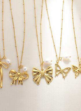 新款法式轻奢小众设计感锁骨链蝴蝶结项链钛钢不掉色首饰
