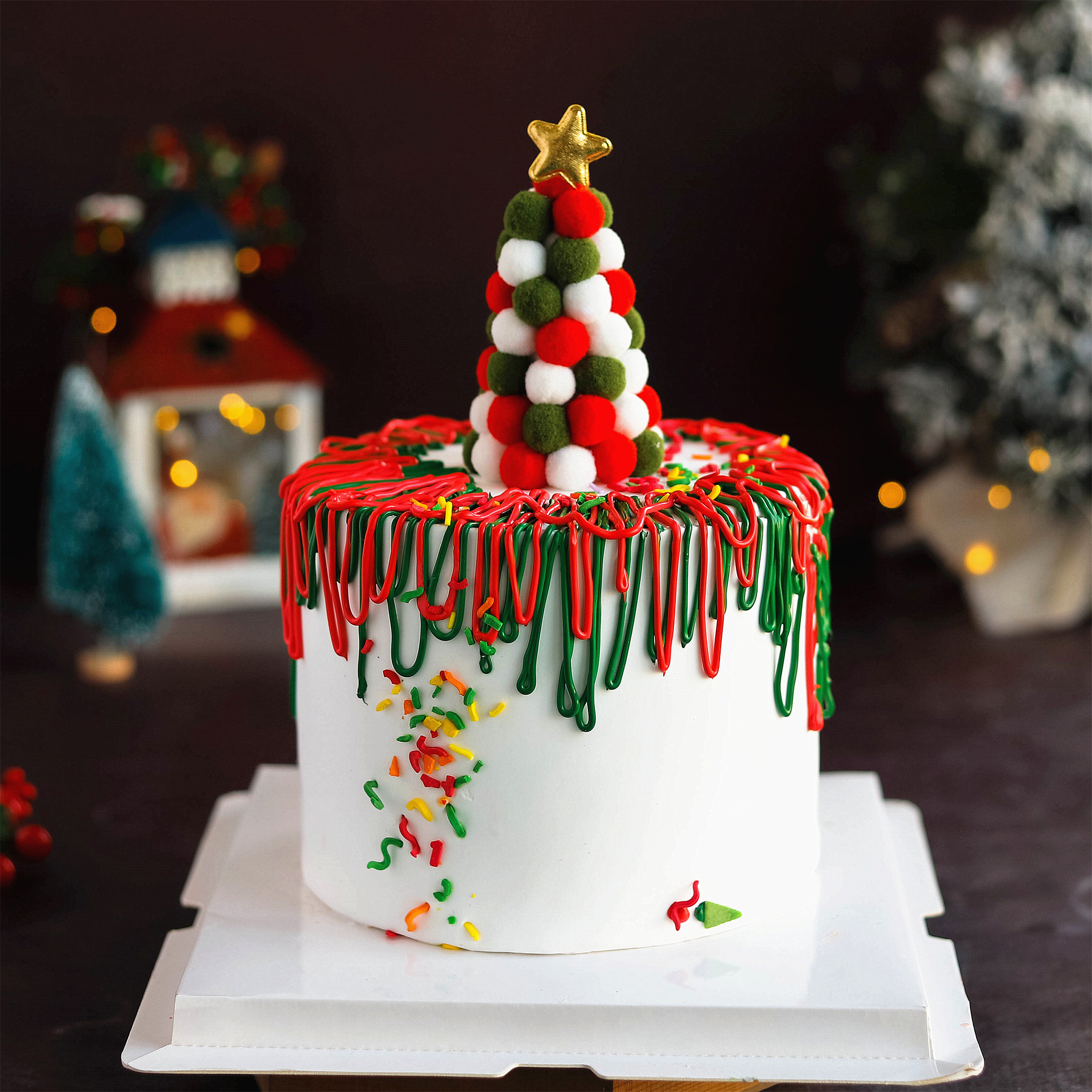 网红创意毛球红绿圣诞树蛋糕装扮