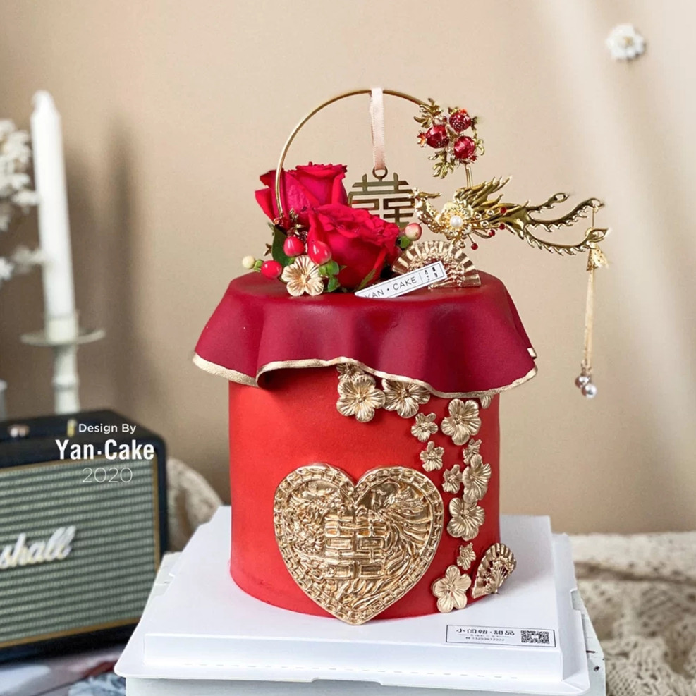 烘焙蛋糕装饰网红喜庆中式婚礼装饰古典双喜铁艺圆环孔雀吊坠插件