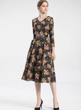 春秋季忆妹儿86130新款韩版碎花女修身显瘦中长款打底裙专柜货