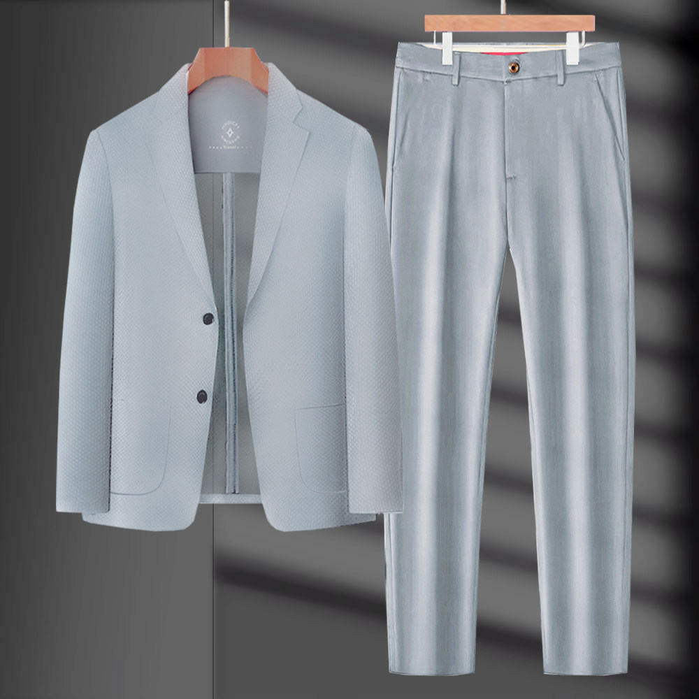 超薄冰丝西服套装男夏季薄款透气商务休闲修身防晒西装帅气两件套
