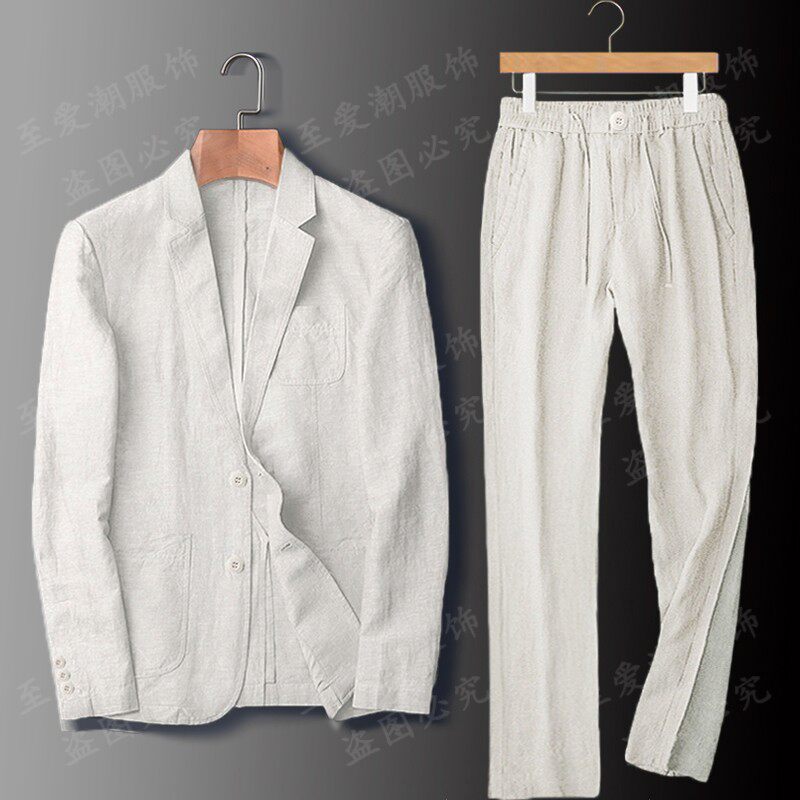 亚麻西服套装男春夏季轻薄款宽松透气休闲纯色棉麻西装长裤两件套
