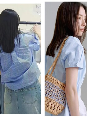 董洁同款 2024夏新休闲双色格纹翻领调节设计蓝色短袖衬衫女现货