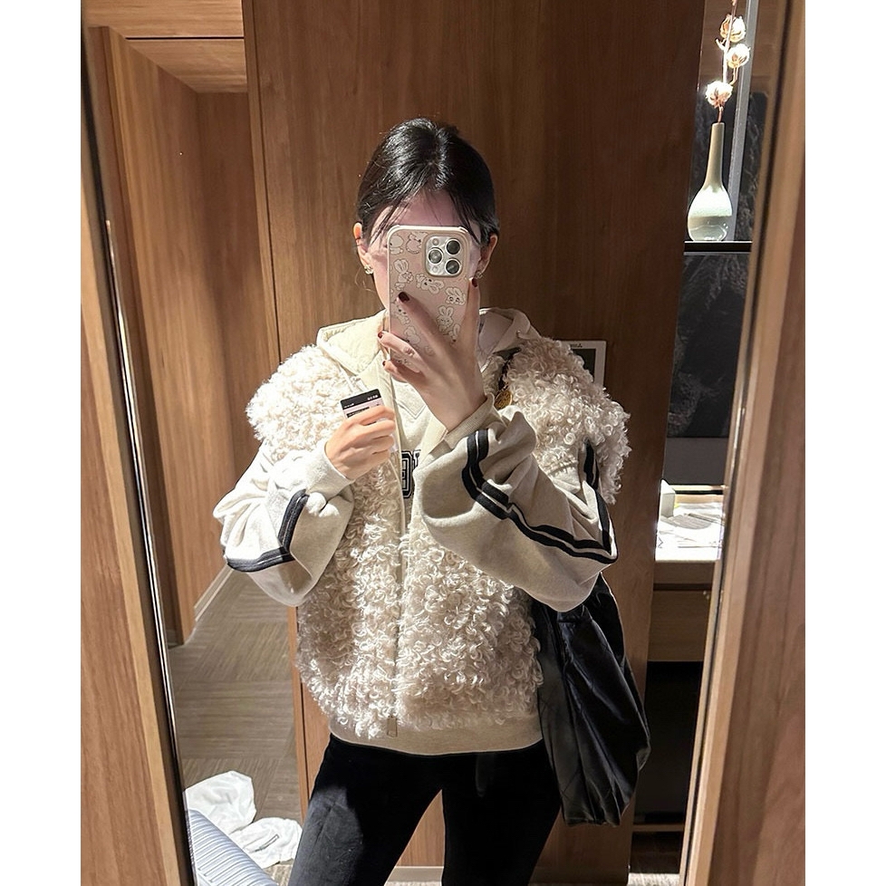 韩APM Place&Apmluxe复古气质两面穿宽松连帽羊羔毛棉服马甲外套