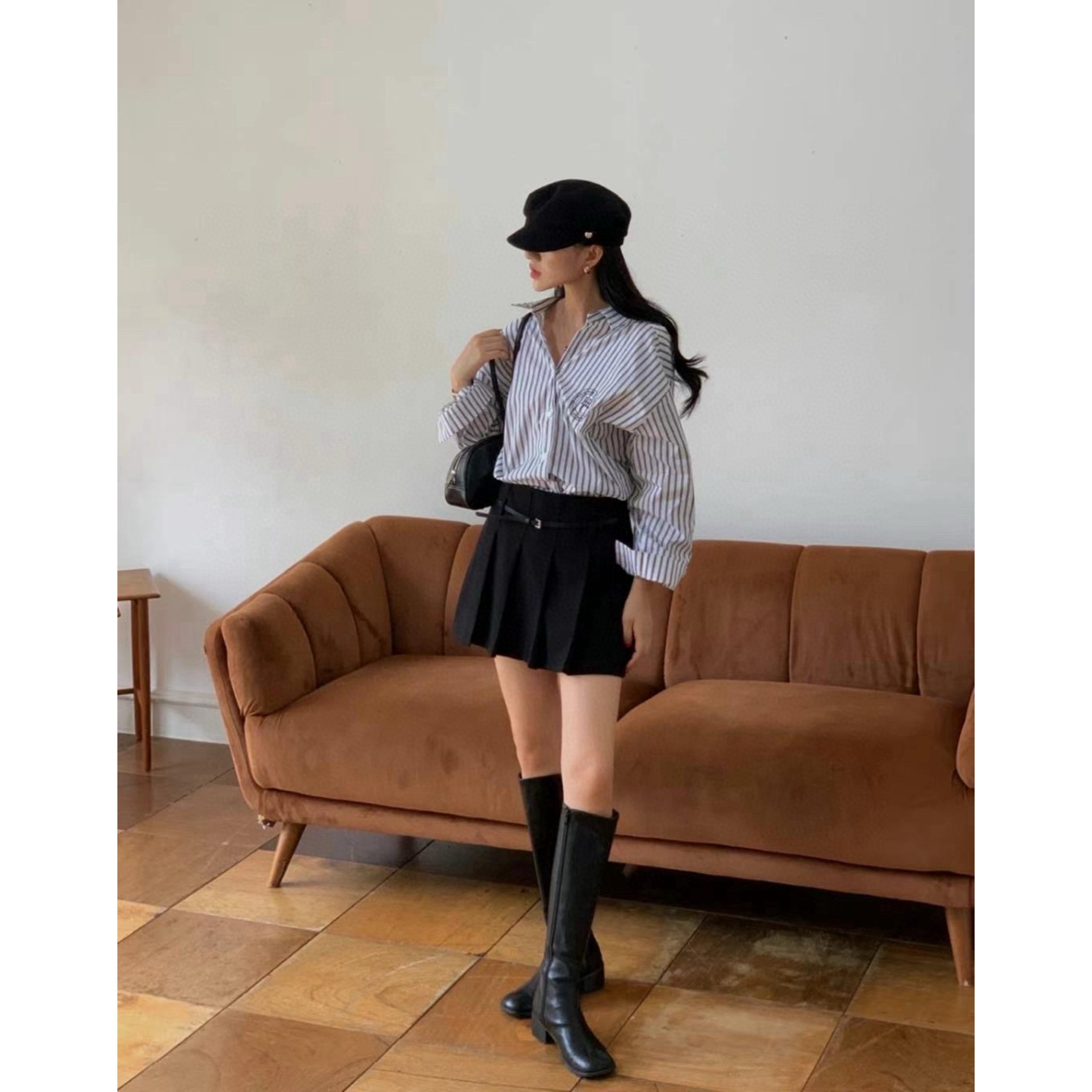 韩APM Place&Apmluxe字母刺绣蓝色条纹长袖衬衫女减龄小众衬衣