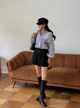 韩APM Place&Apmluxe字母刺绣蓝色条纹长袖衬衫女减龄小众衬衣