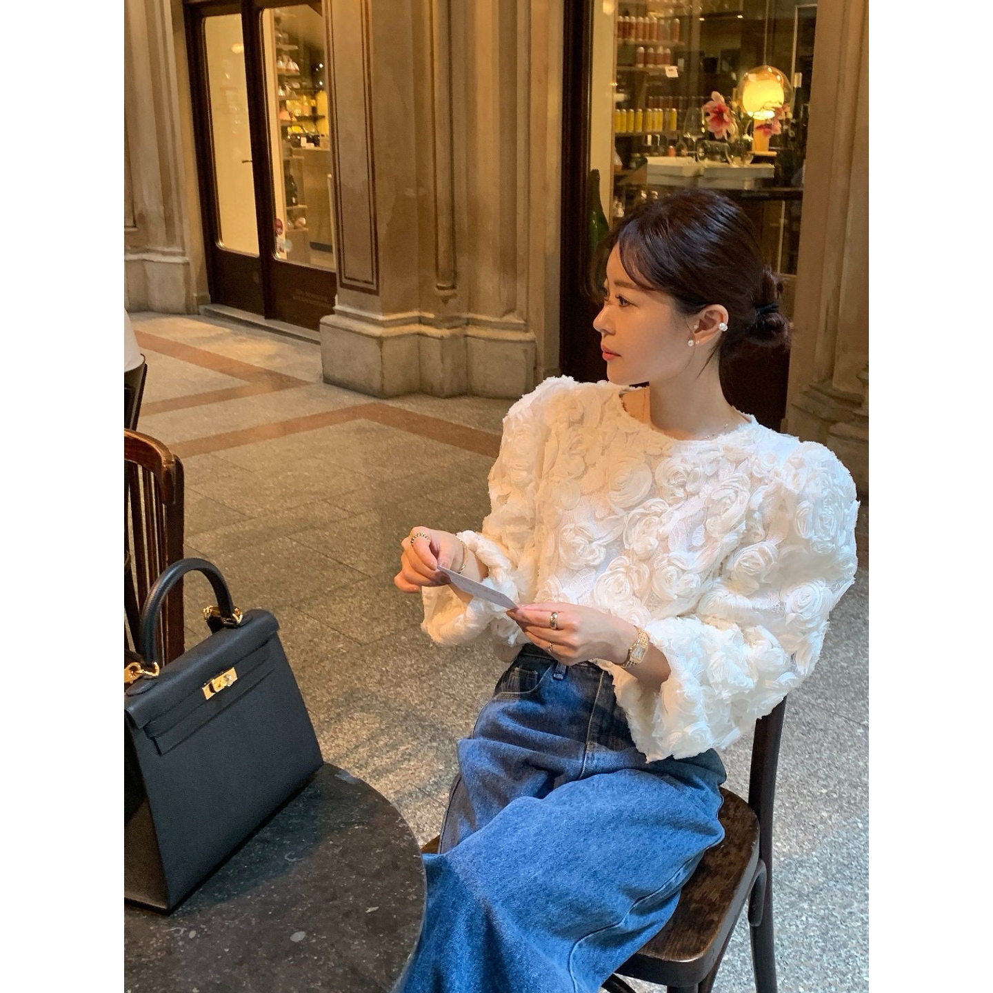 韩APM Place&Apmluxe花朵衬衣气质圆领温柔玫瑰花朵衬衫上衣女