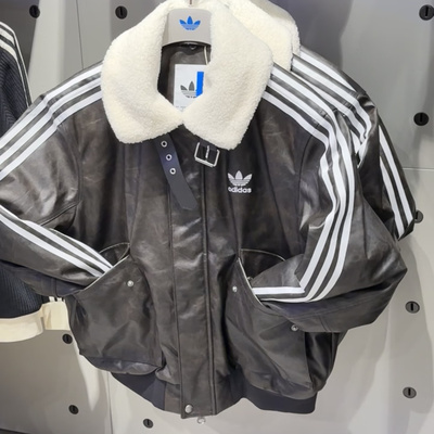 正品adidas阿迪达斯毛领长袖皮革夹克外套棉服男KF3691