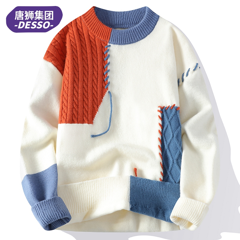 唐狮集团DESSO拼接撞色毛衣男冬美式休闲针织衫宽松慵懒风毛线衣