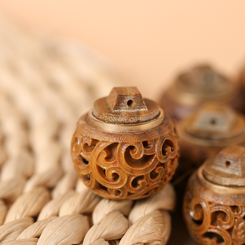 绿檀木香熏储物罐香囊球镂空DIY