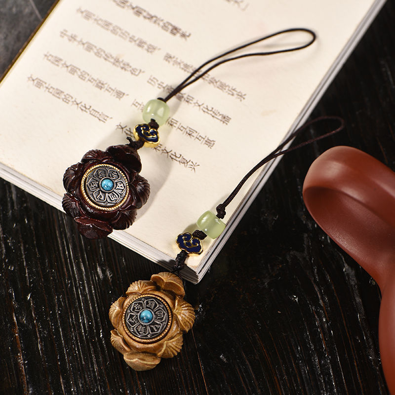 玄同莲花钥匙扣手把件绿檀犀角解压挂件手机挂饰文玩