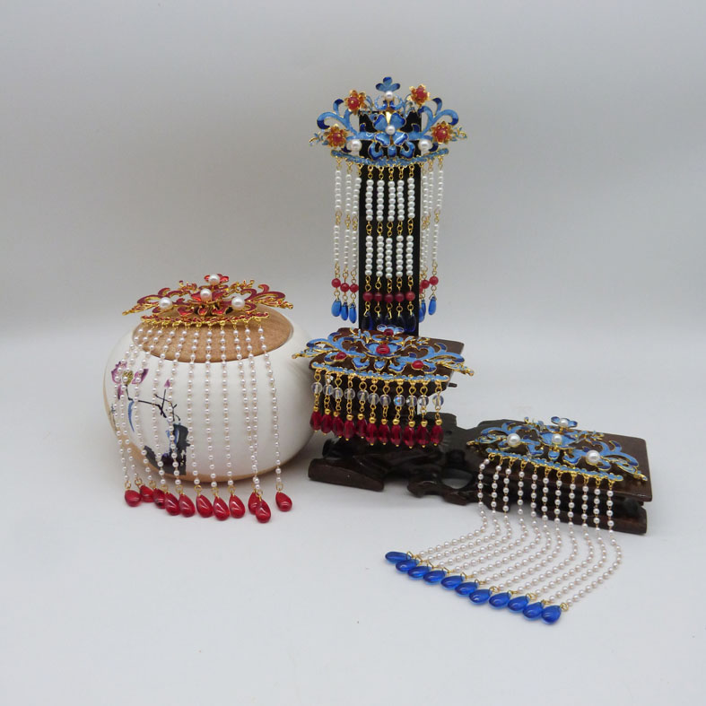 古典风明清烧蓝长流苏后压发簪