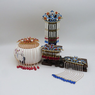 【包邮】手工古典风发簪发钗头饰汉服配饰明清烧蓝发冠长流苏后压