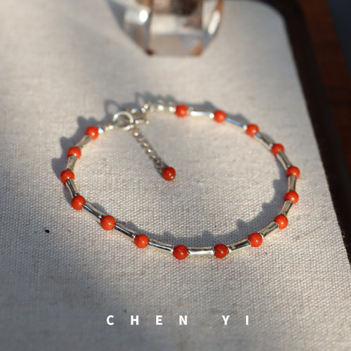 天然南红纯银简约风情侣手链