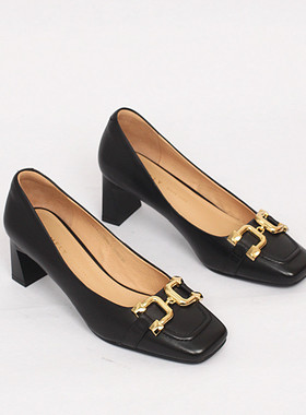 商场同款春季新款粗跟高跟鞋方头羊皮百搭黑色职业女鞋单鞋 2A112