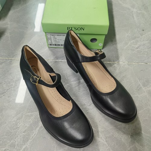 品牌正品真皮时尚百搭休闲圆头粗跟高跟单鞋3118黑色39码