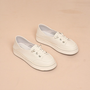 商场同款品牌正品真皮单鞋女鞋新款圆头系带平底小白鞋女鞋 2C017