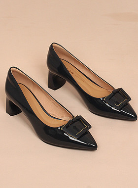 商场同款正品真皮中跟单鞋女鞋秋新款尖头粗跟高跟鞋女鞋子 C3192