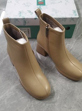 品牌正品断码时尚百搭休闲圆头粗跟羊皮绒里女短靴23867杏色34码