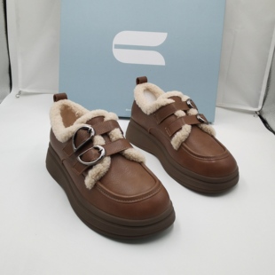 品牌正品商场同款新款女鞋加绒乐福鞋女加厚棉鞋毛毛鞋892驼色36