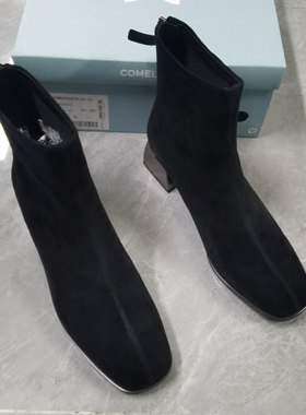 品牌正品断码撤柜时尚百搭休闲方头粗跟羊皮女短靴3A829黑色39